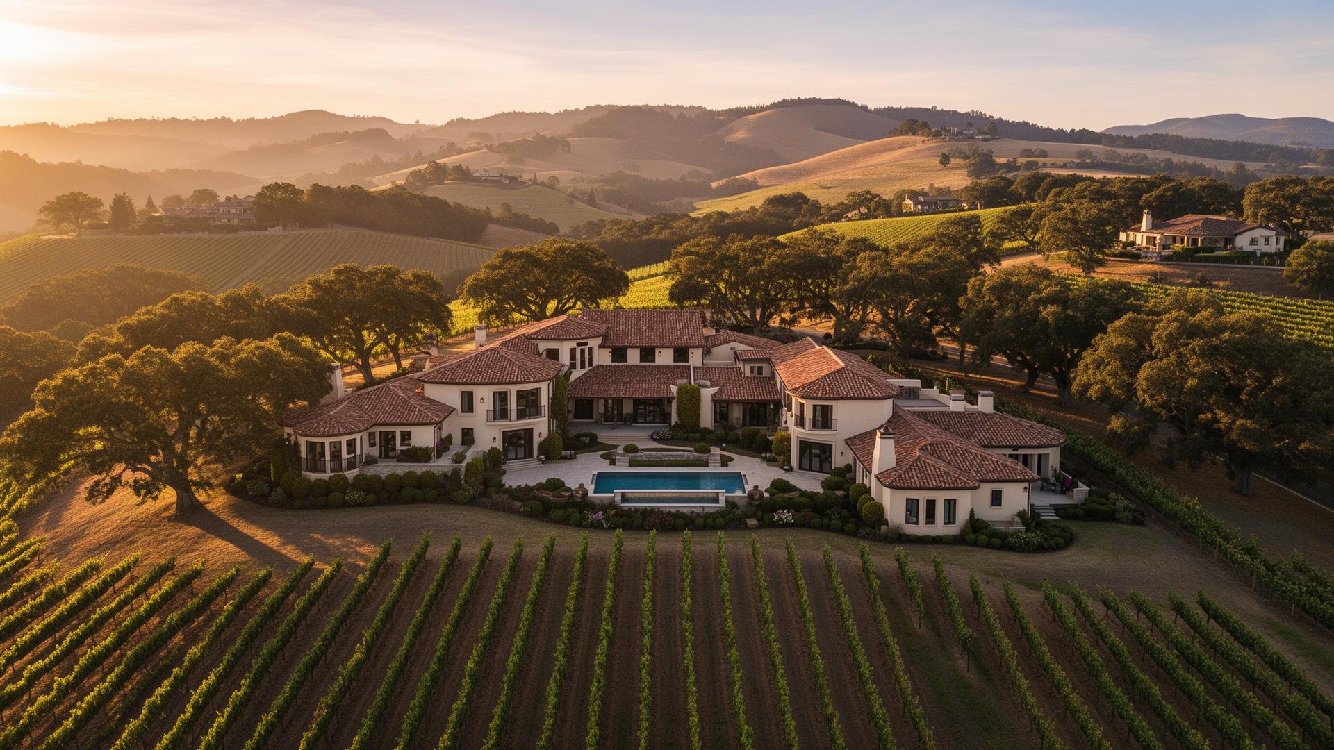 Luxury homes in Sonoma wine country at golden hour
