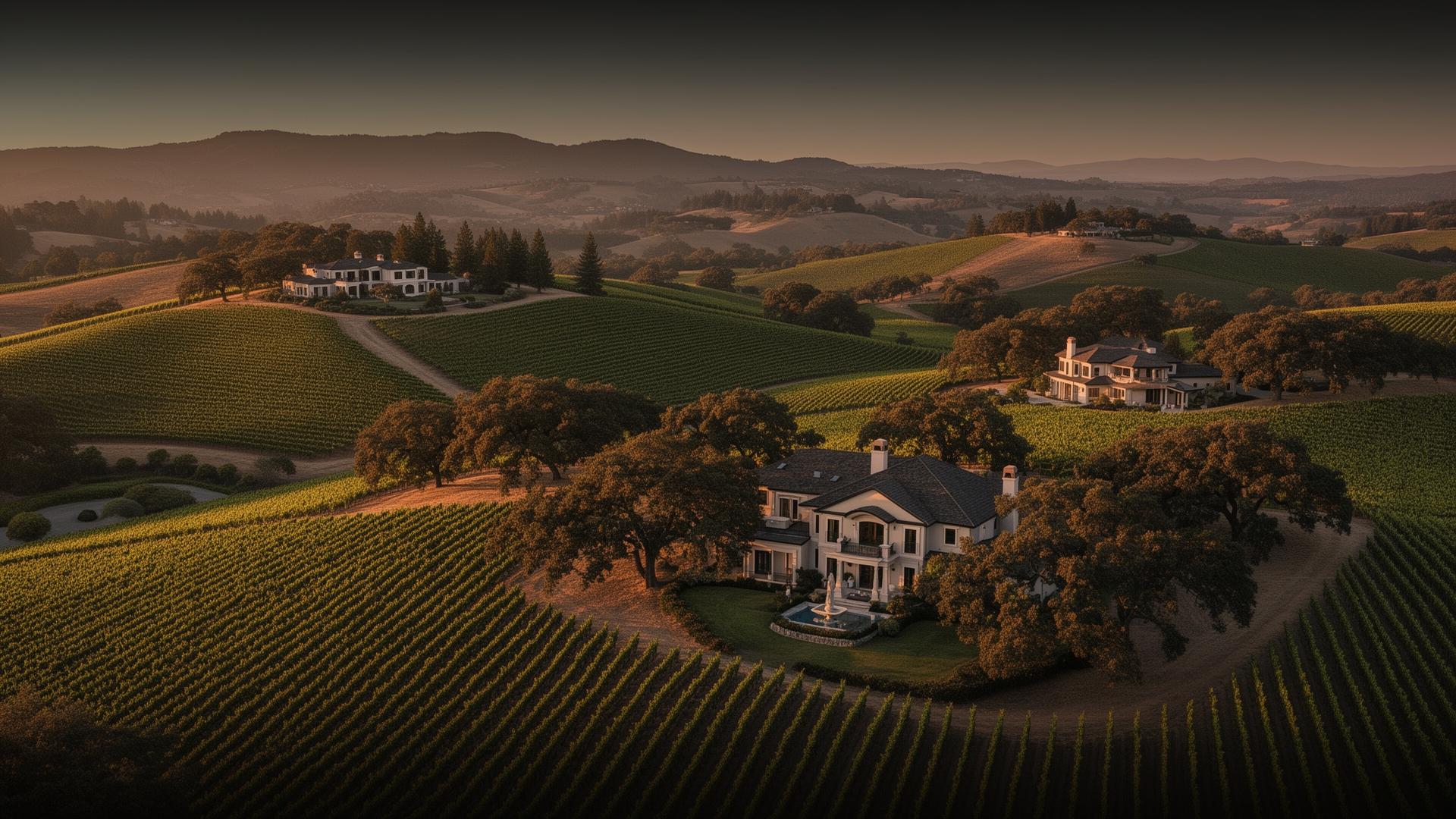 Aerial view of Sonoma wine country estates and vineyards at golden hour